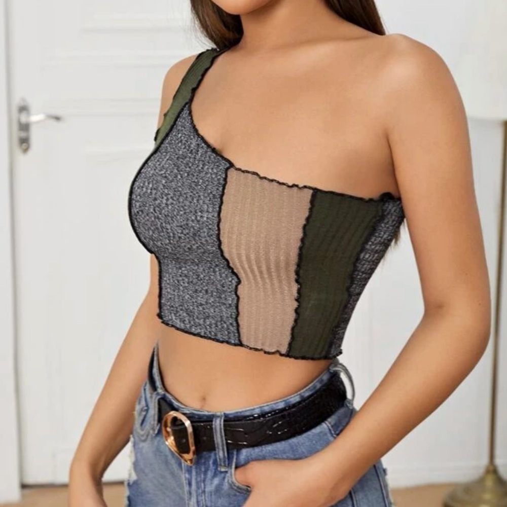 SHEIN ColorBlock Green,Tan,Gray One Shoulder Crop Top XL